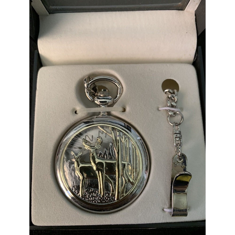 Pocket Watch Deer Silvertone Coppertone Whitetail Dial Vintage Mechanical Gift